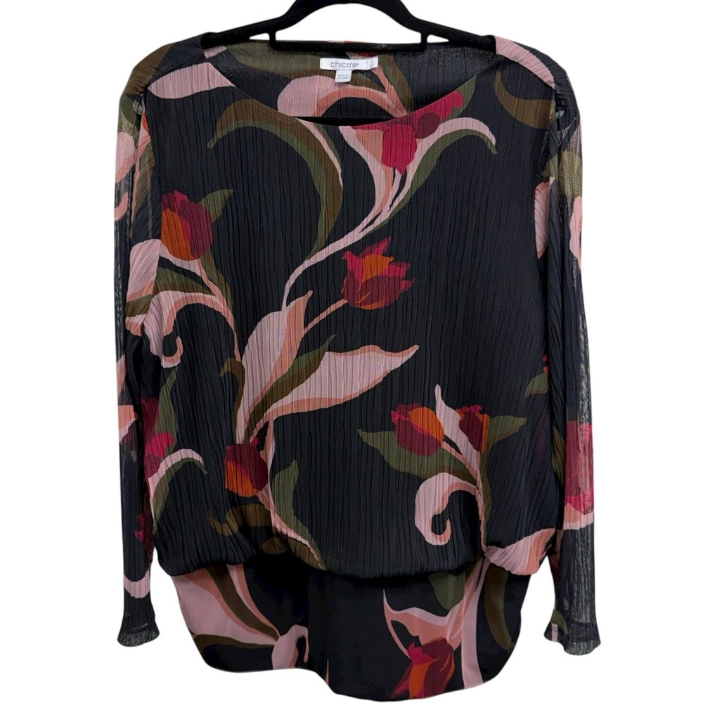 Chico's Women's Size 3 XL Textured Mesh Banded Hem Floral‎ Top